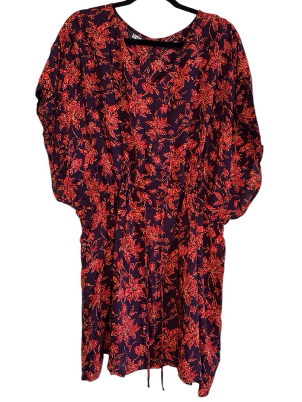 Lands' End Navy Midi Dress with Red Floral Print M-L